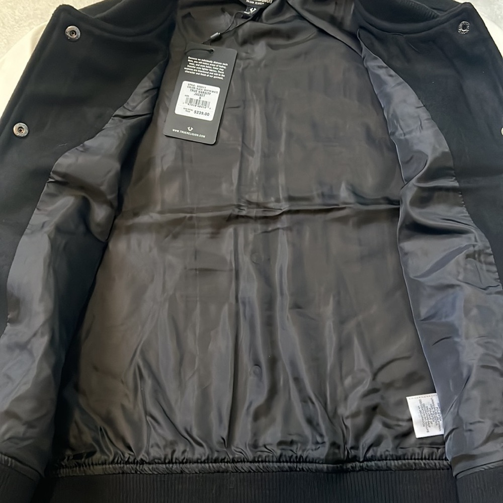NWT True Religion True Varsity Jacket Black and Winter White Embroidered Detail - Picture 5 of 13